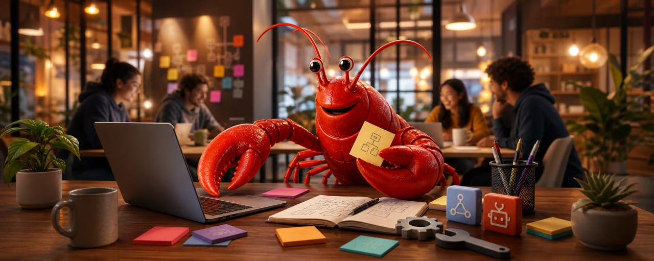 OpenClaw mascot working at a desk with laptops, notes, and automation tools